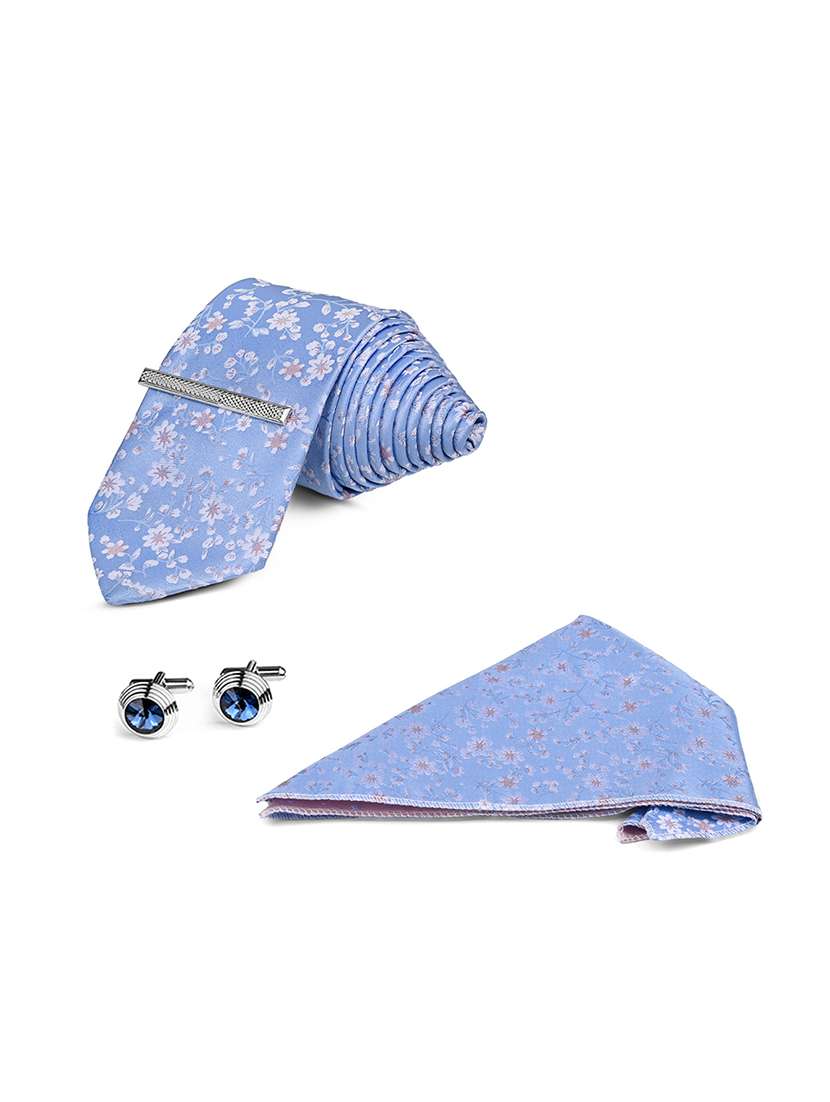 blue floral tie pocket square cufflink combo set - 22550363 -  Standard Image - 3