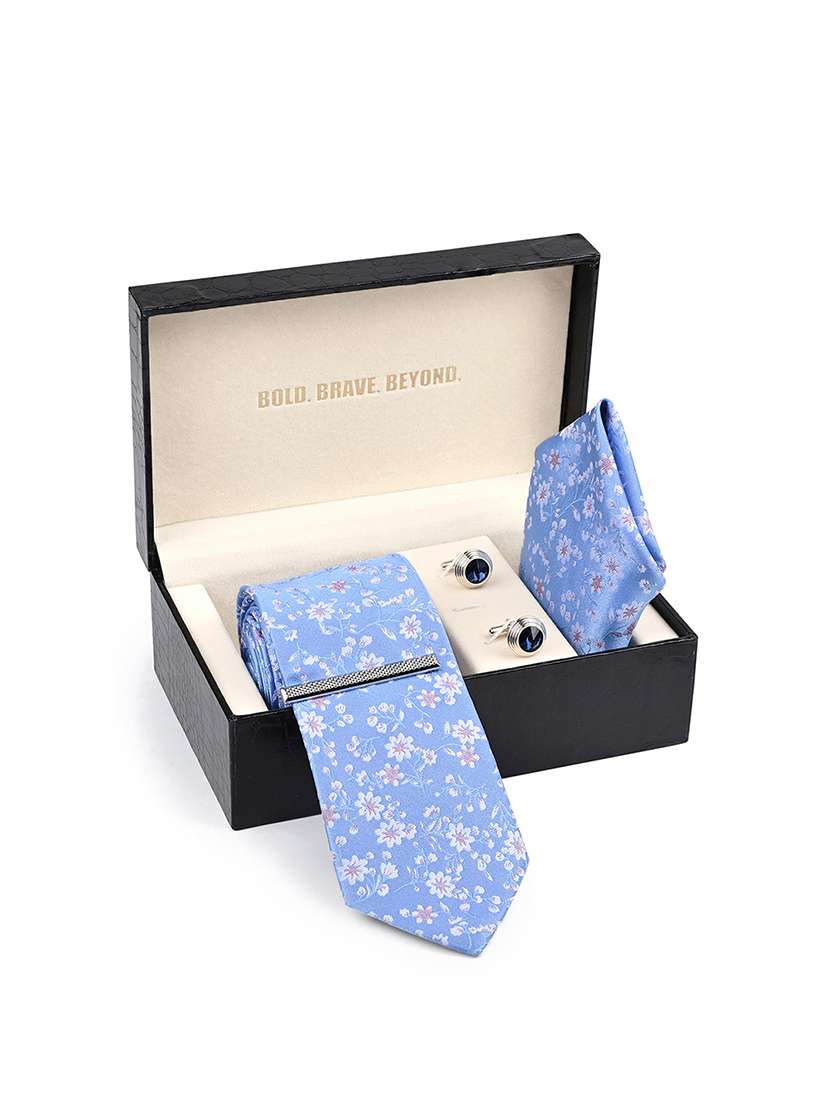 blue floral tie pocket square cufflink combo set - 22550363 -  Standard Image - 5