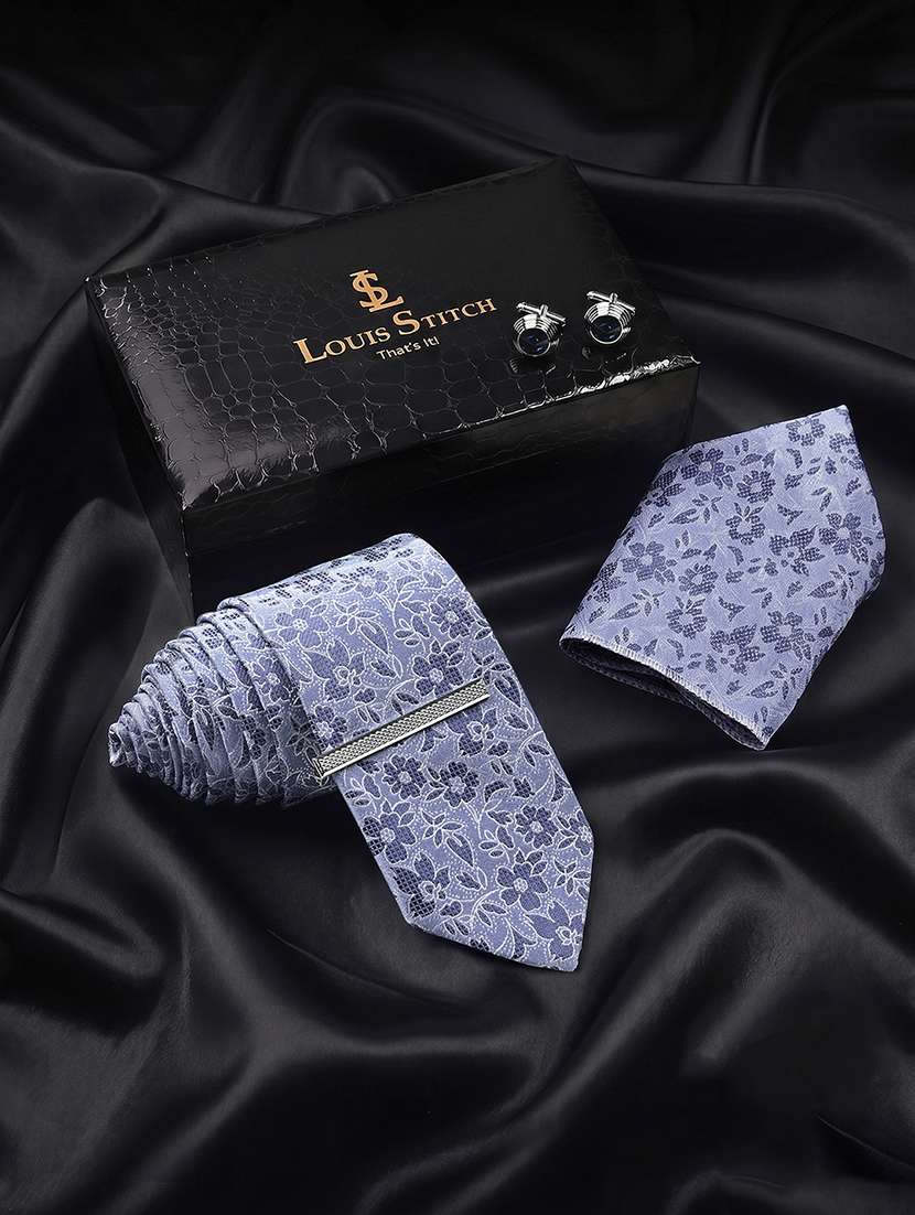louis stitch blue floral tie pocket square and cufflink set