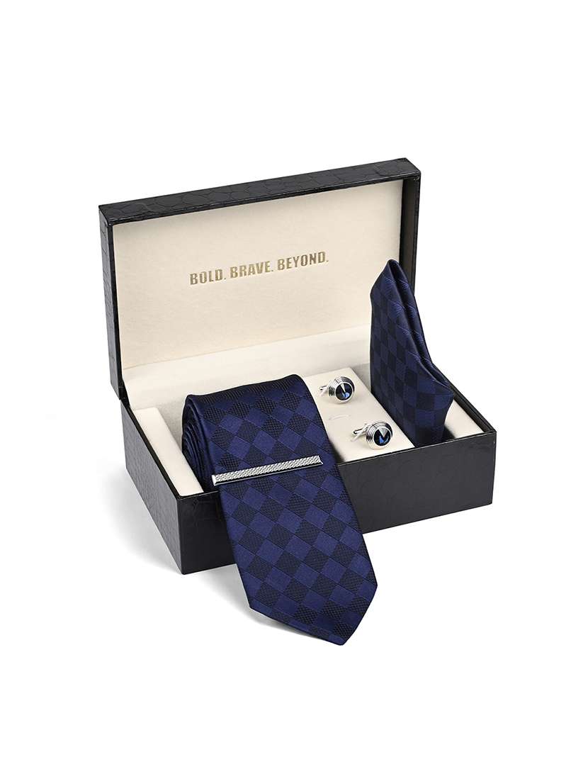 blue checkered tie set with cufflinks pocket square - 22550365 -  Standard Image - 5