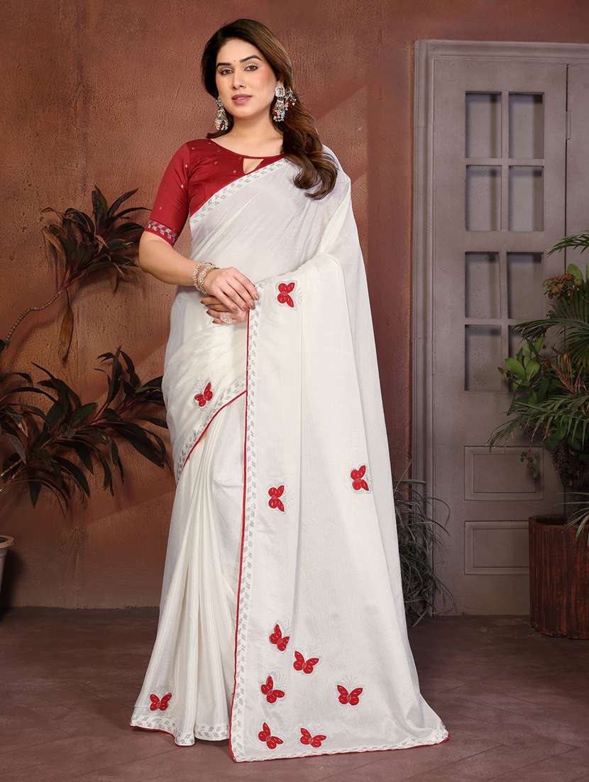 women solid with work embroidered saree with blouse