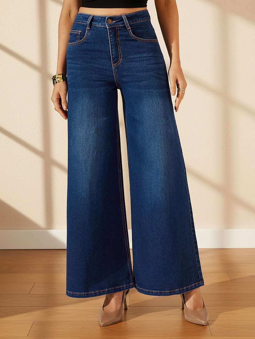 women washed high rise wide leg jeans