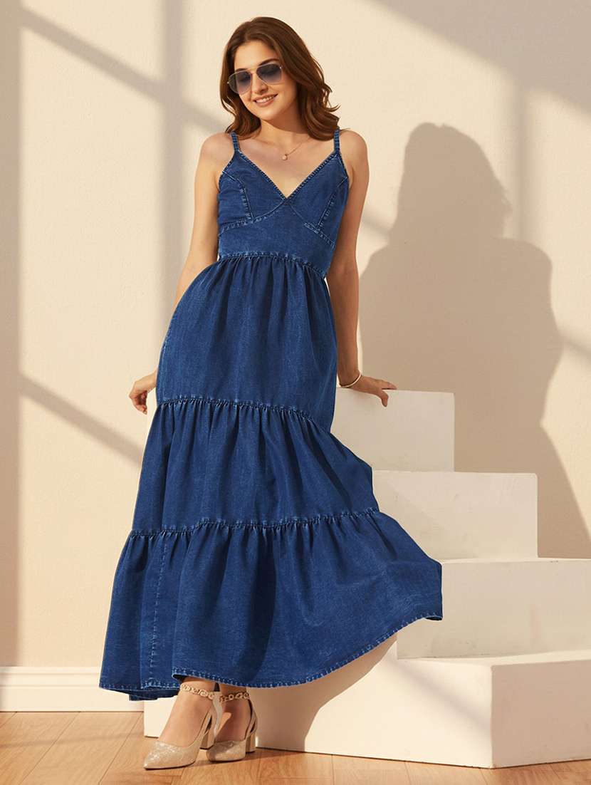 women solid shoulder strap tiered dress