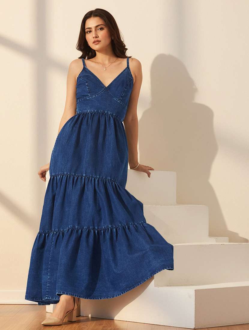 women solid shoulder strap tiered dress