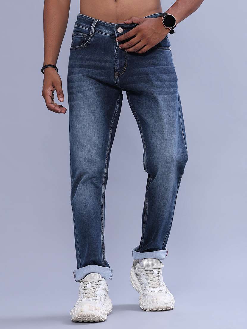 men washed mid rise full length tapered jeans