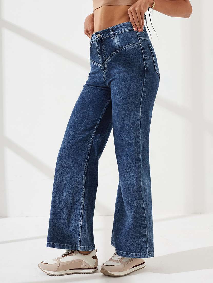 women solid high rise wide leg jeans