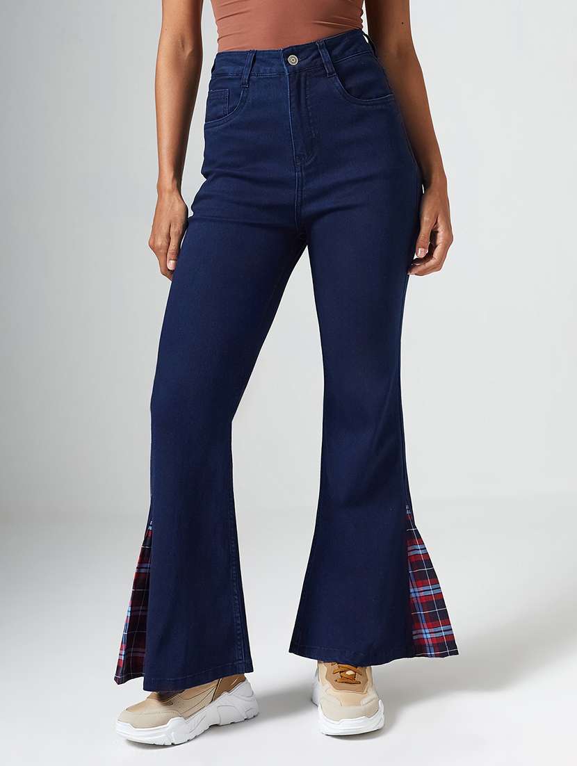 women patched high rise bootcut jeans
