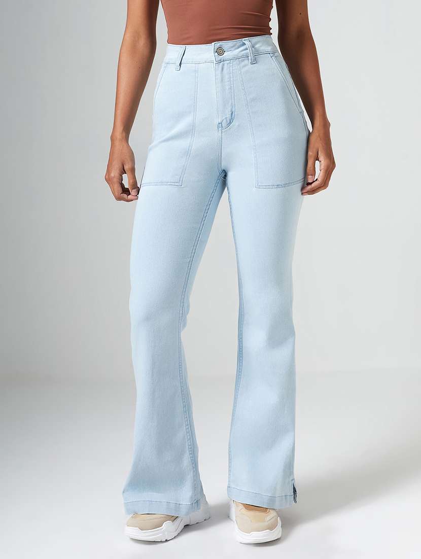 women solid high rise bootcut jeans