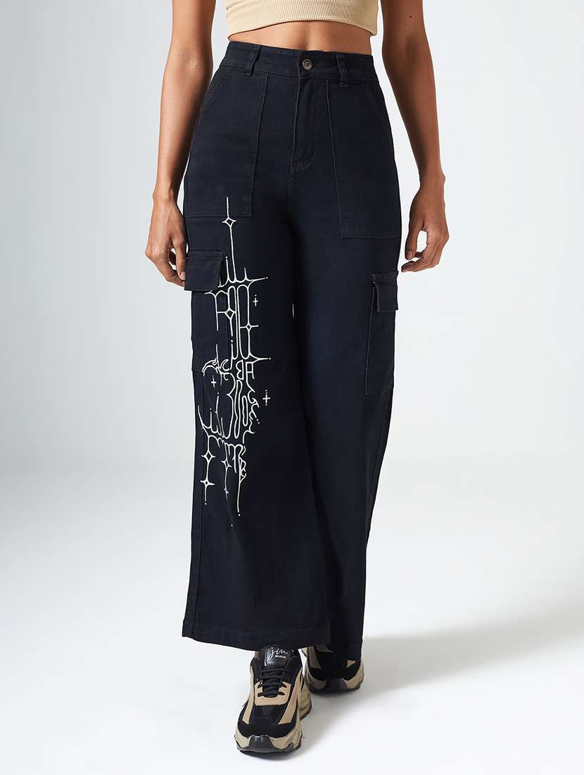 women printed high rise cargo jeans