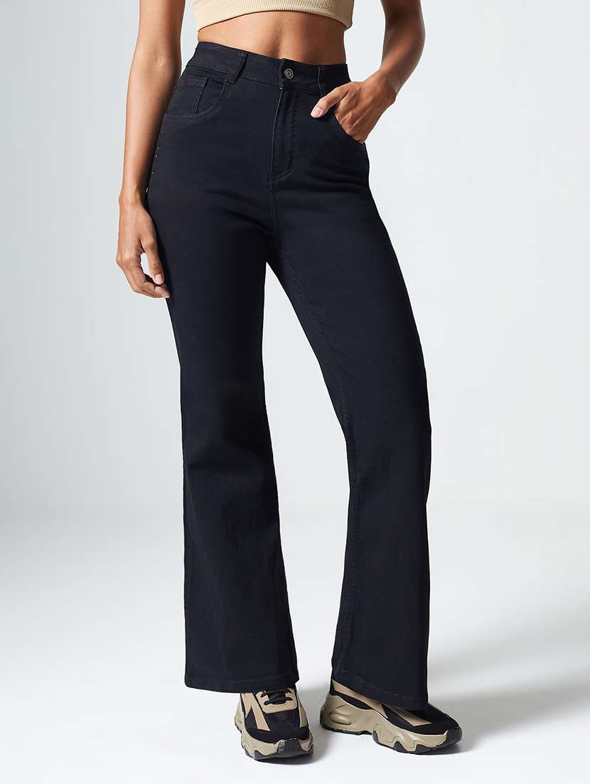 women solid high rise bootcut jeans