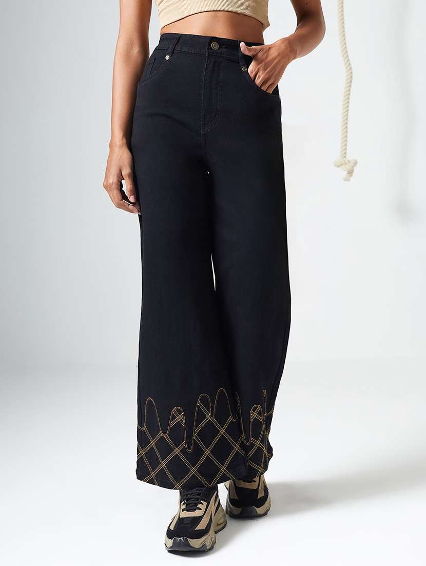 women embroidered high rise wide leg jeans