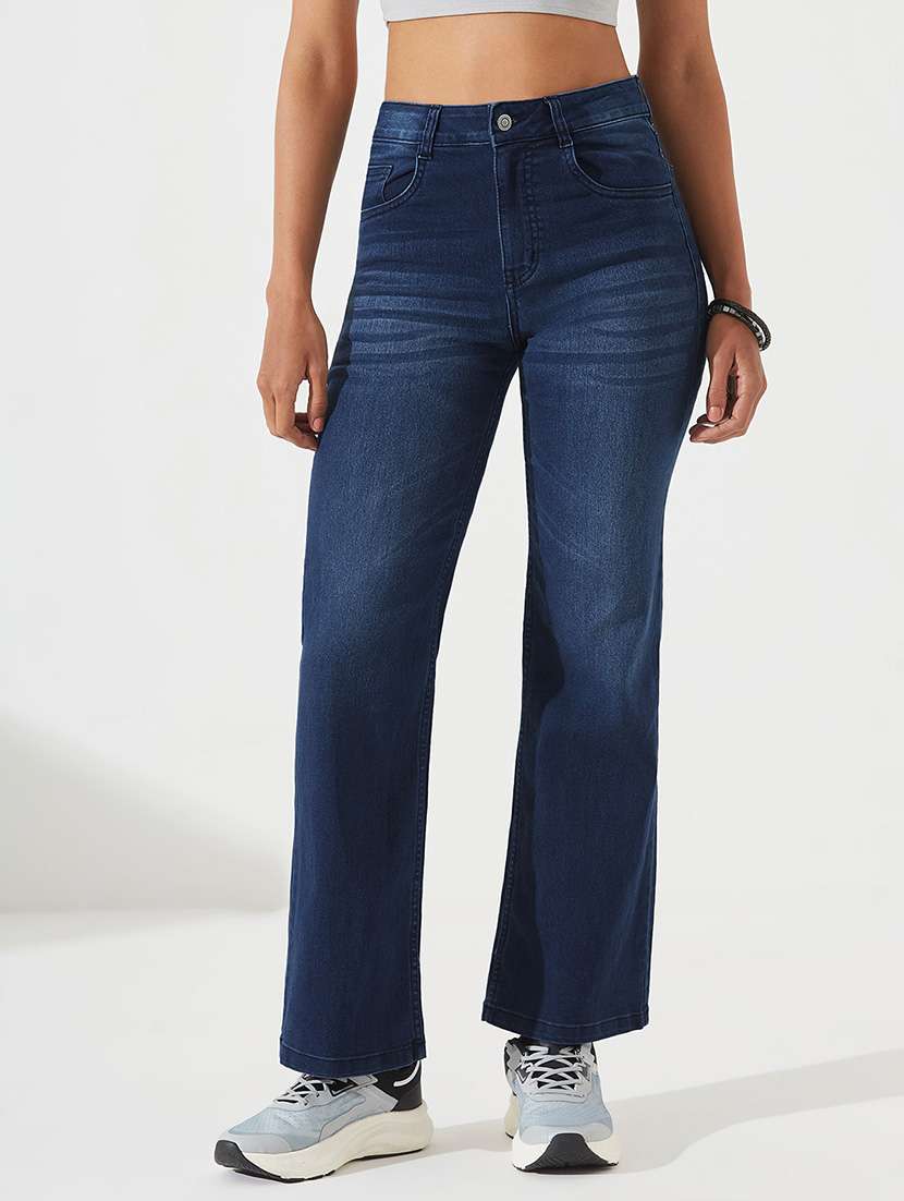 women washed high rise straight fit jeans