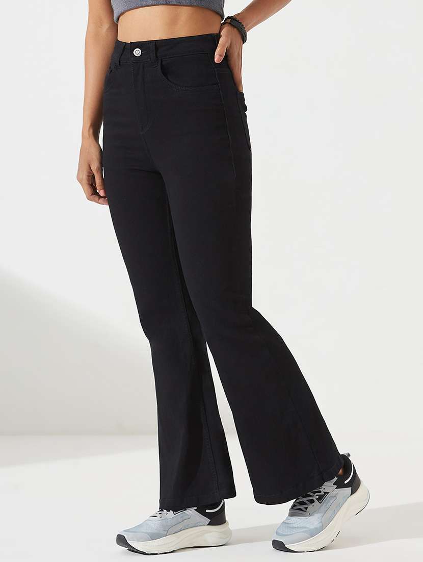 women solid high rise bootcut jeans