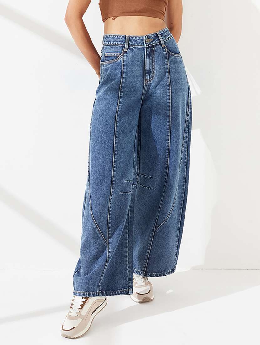 women washed high rise wide leg jeans