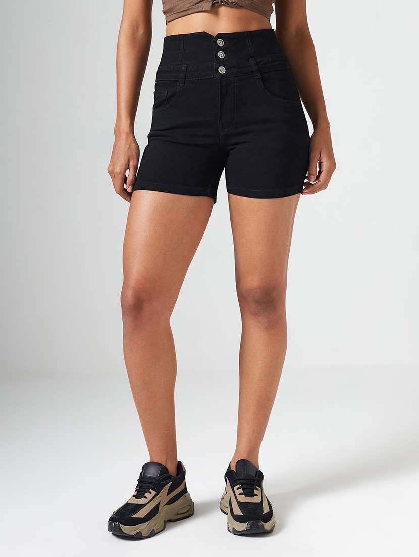 women solid high rise regular fit shorts