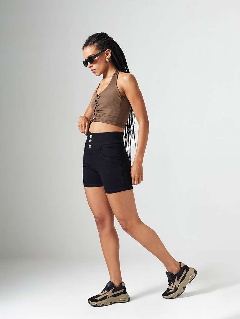 women solid high rise regular fit shorts - 22550933 -  Standard Image - 5