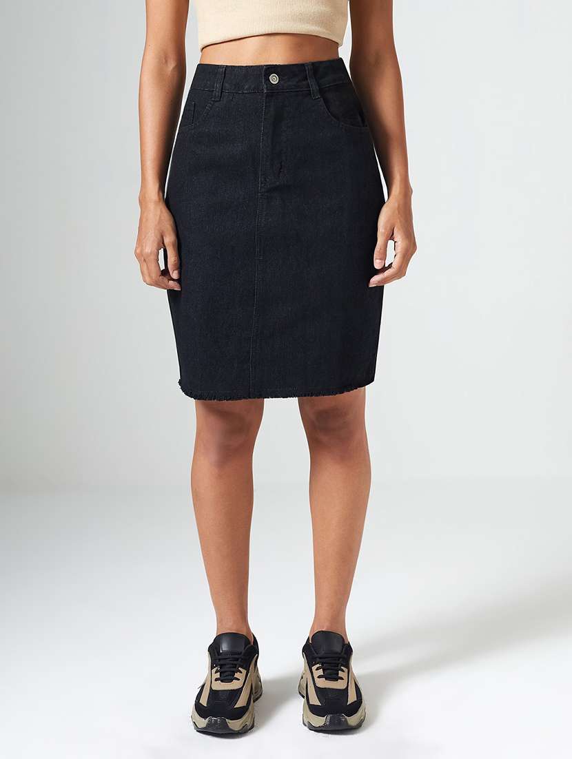 women solid high rise denim skirt