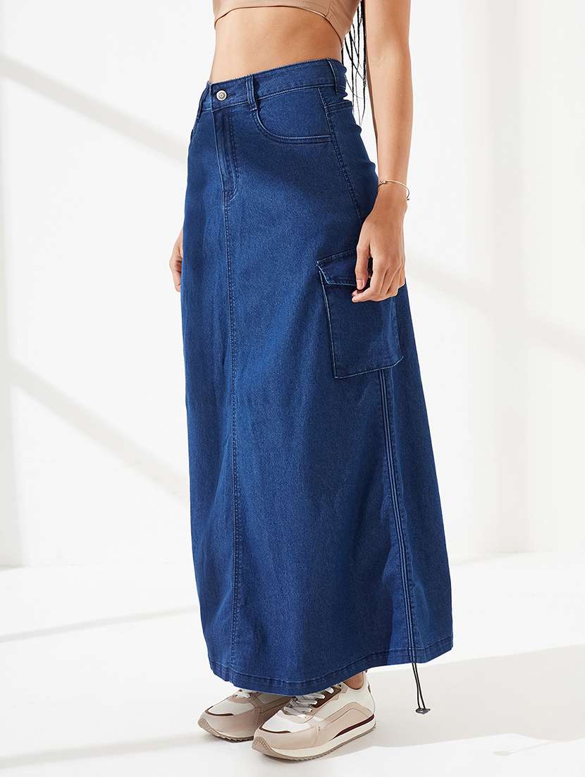 women solid high rise denim skirt