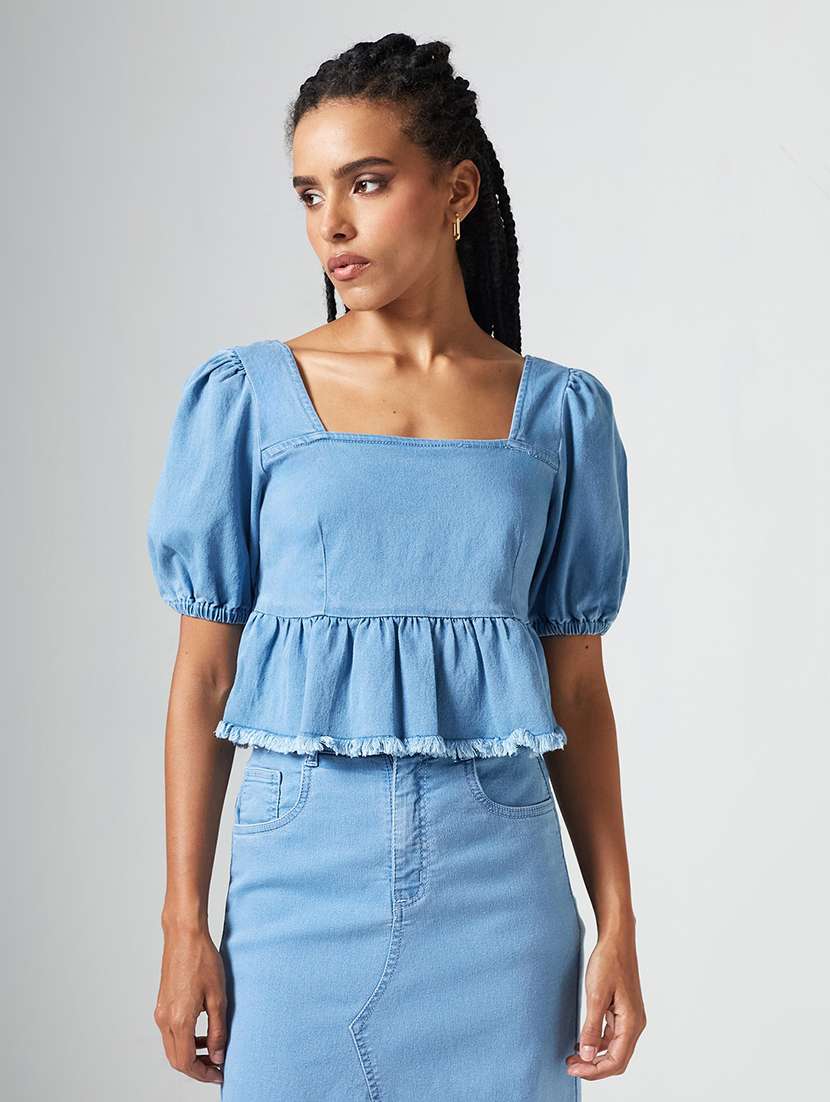 women solid puff sleeves peplum top