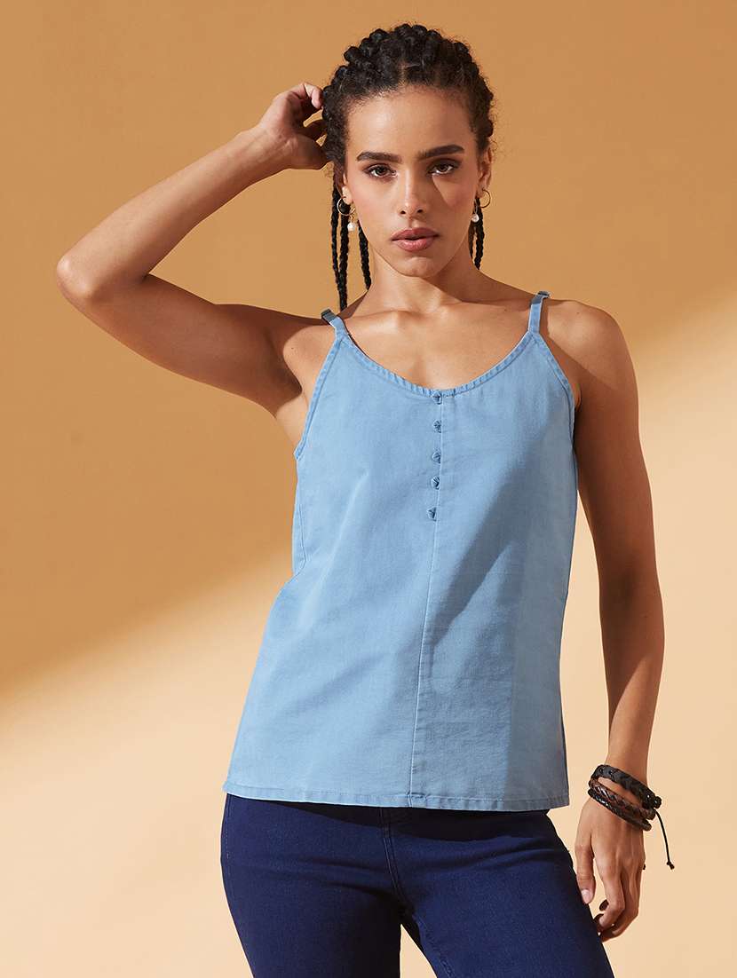 women solid shoulder strap regular top