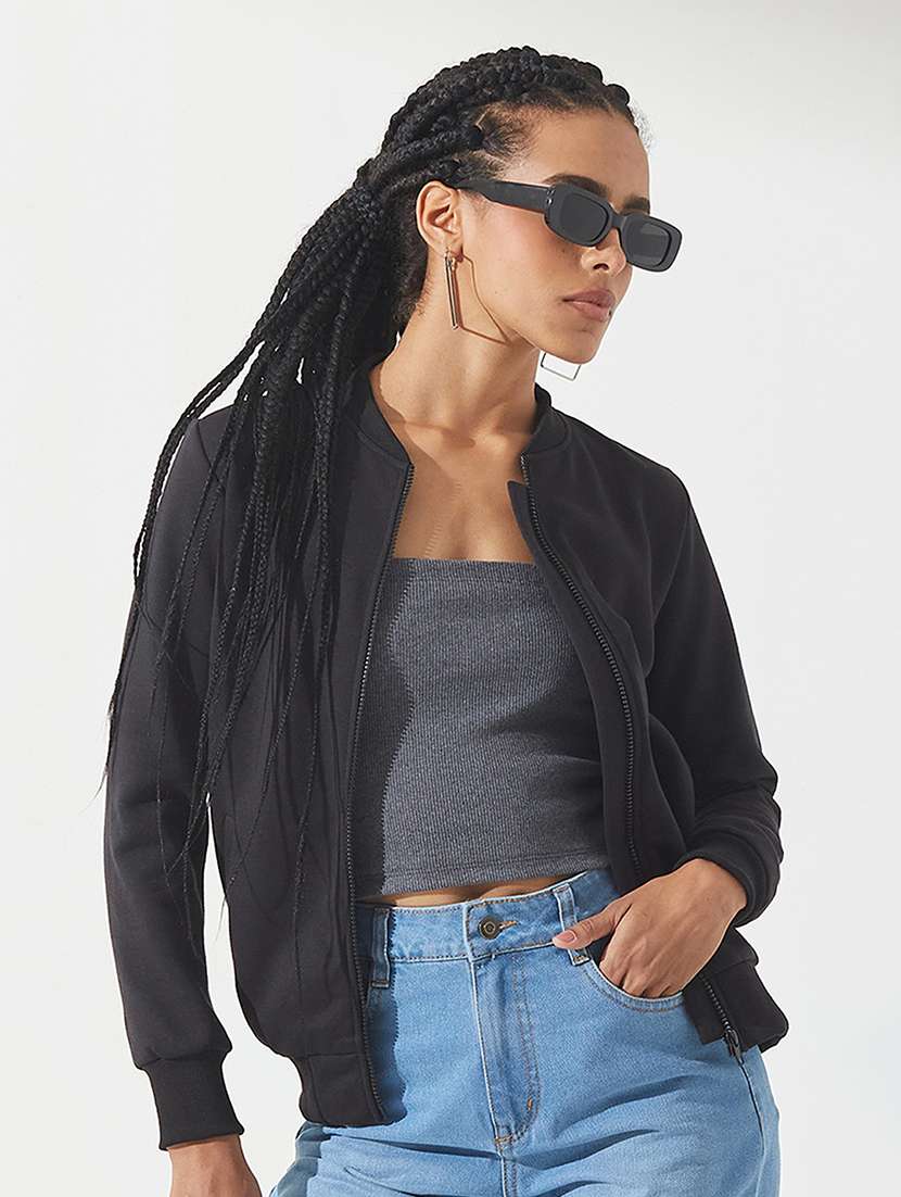 women solid long sleeves zipper sweatshirt