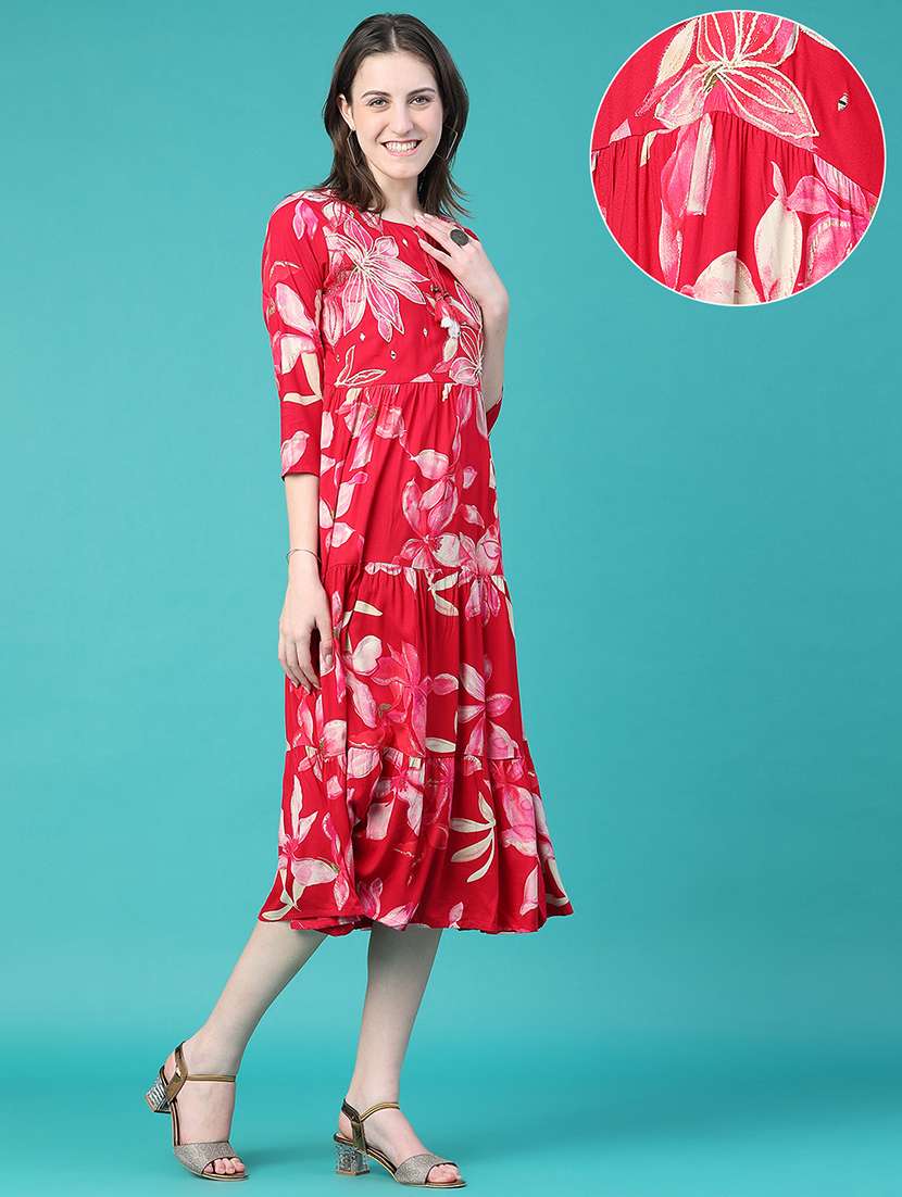 women printed three quarter sleeves tiered dress - 22551983 -  Standard Image - 3