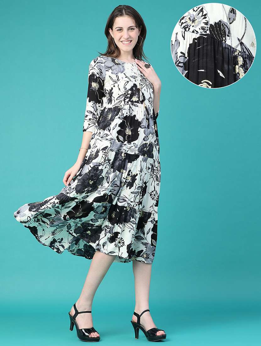 women printed three quarter sleeves tiered dress - 22551988 -  Standard Image - 3