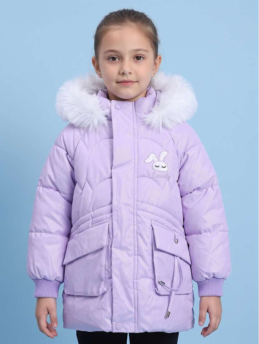 girls solid long sleeve hooded quilted jacket