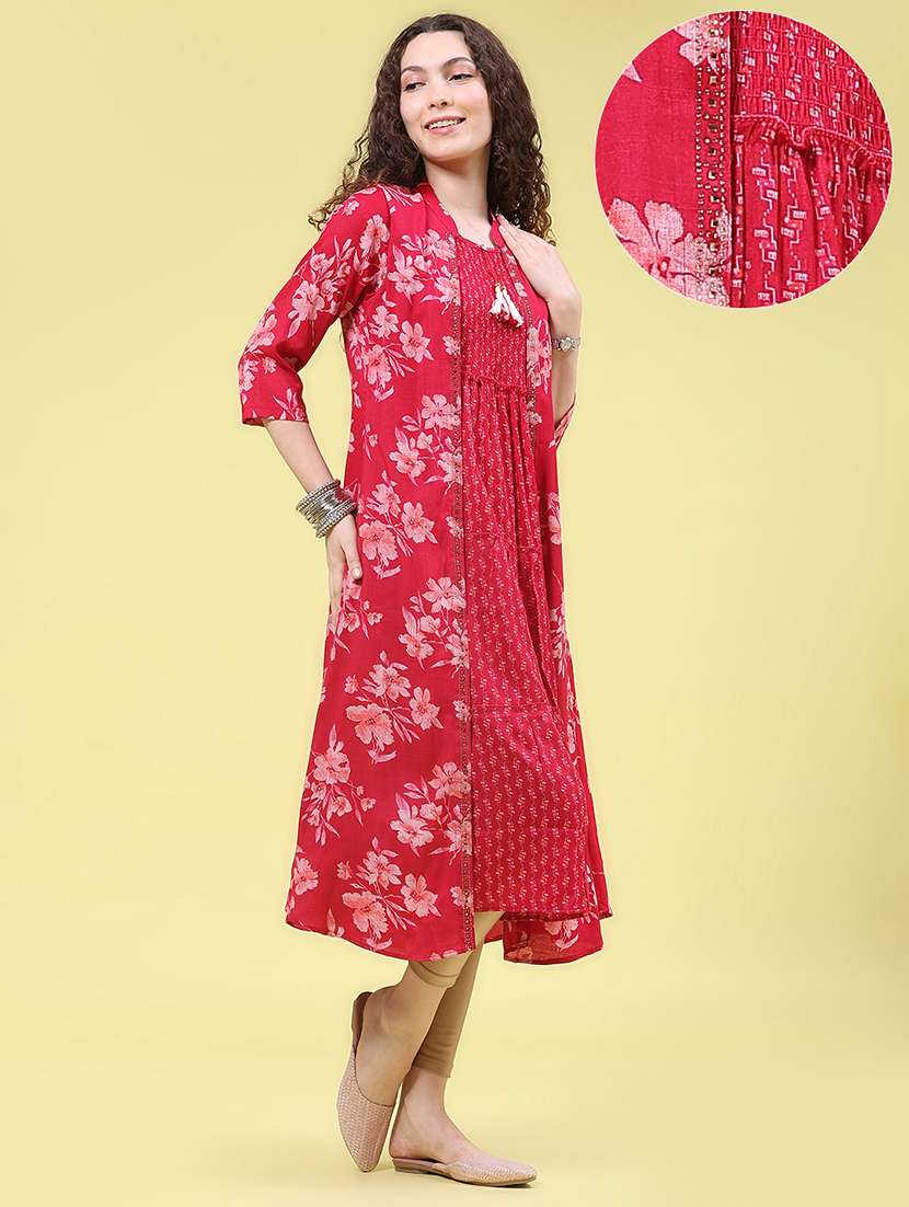 women floral printed three quarter sleeves kurta with jacket - 22552380 -  Standard Image - 3
