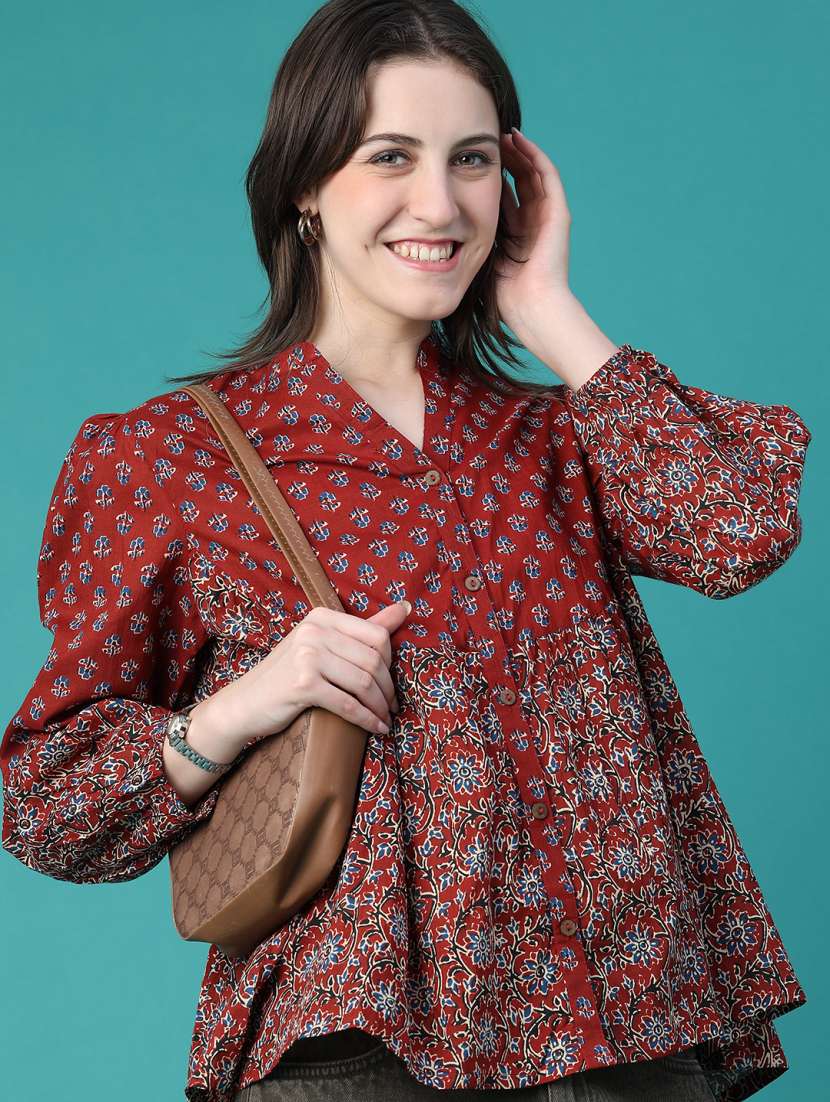 women printed long sleeves a-line top