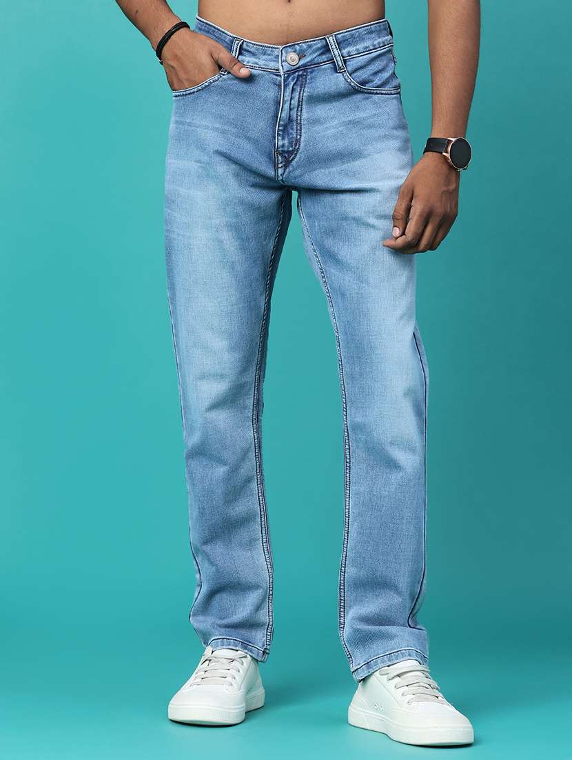 men washed mid rise full length tapered jeans