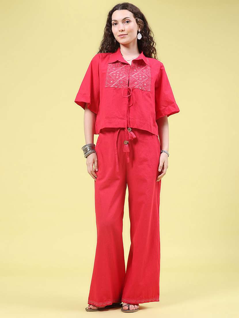 women solid with work short sleeve ethnic co-ord set