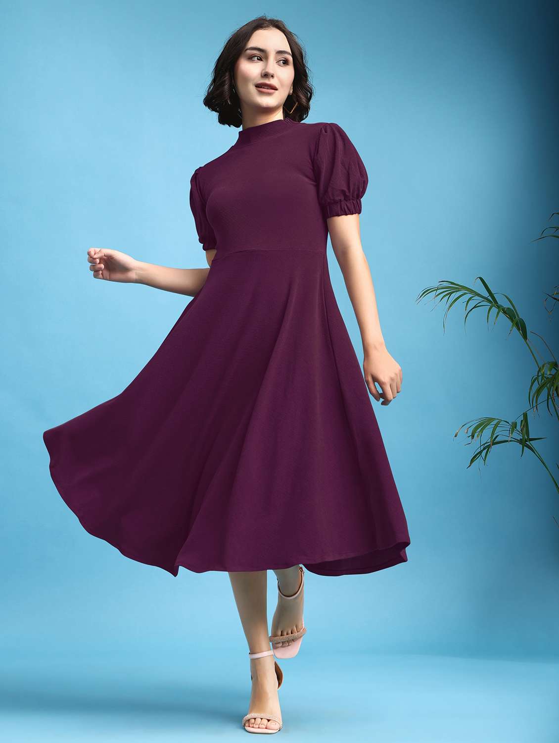 women self design puff sleeves fit and flare dress