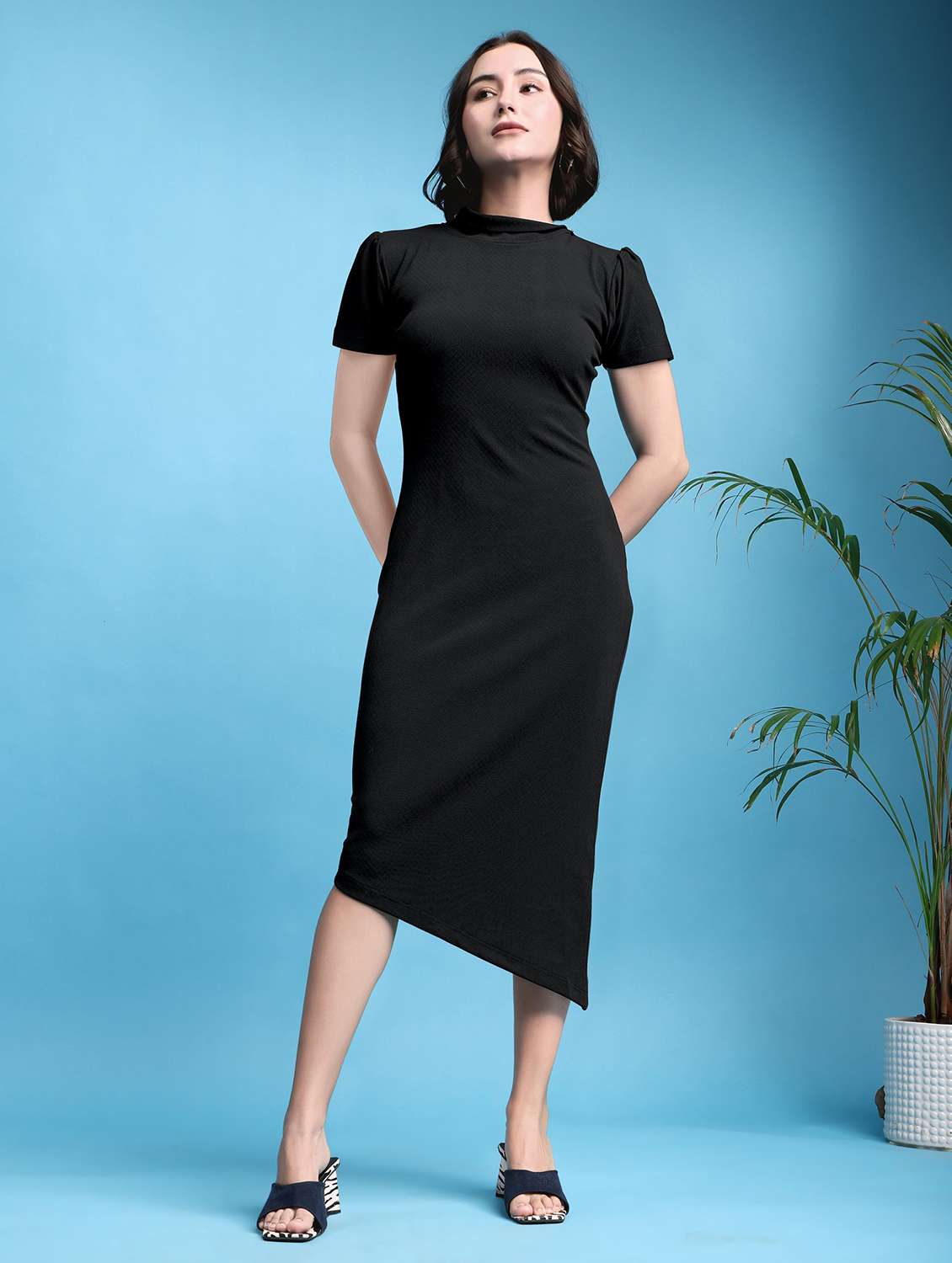women solid short sleeves asymmetric dress