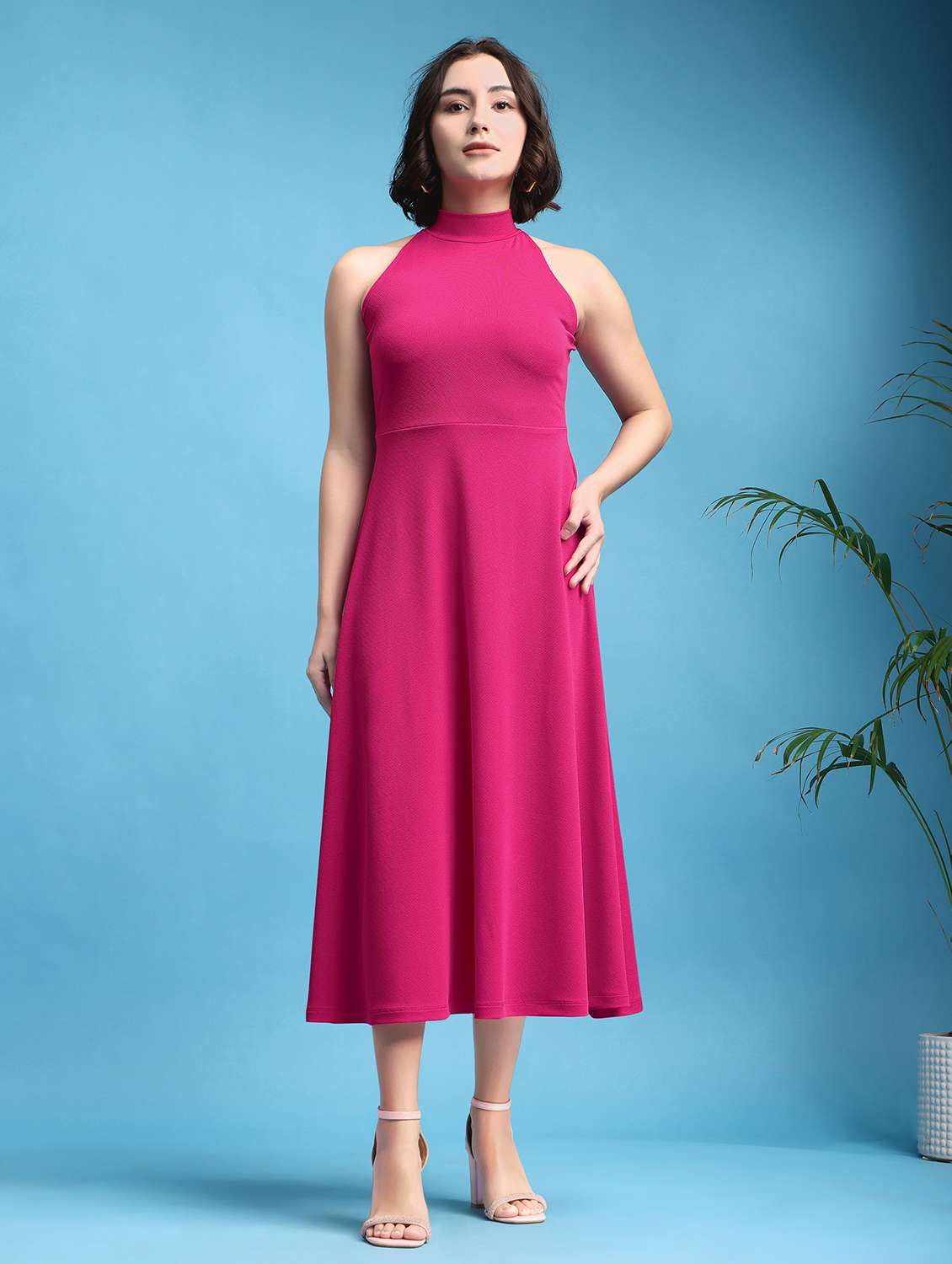 women solid sleeveless fit and flare dress