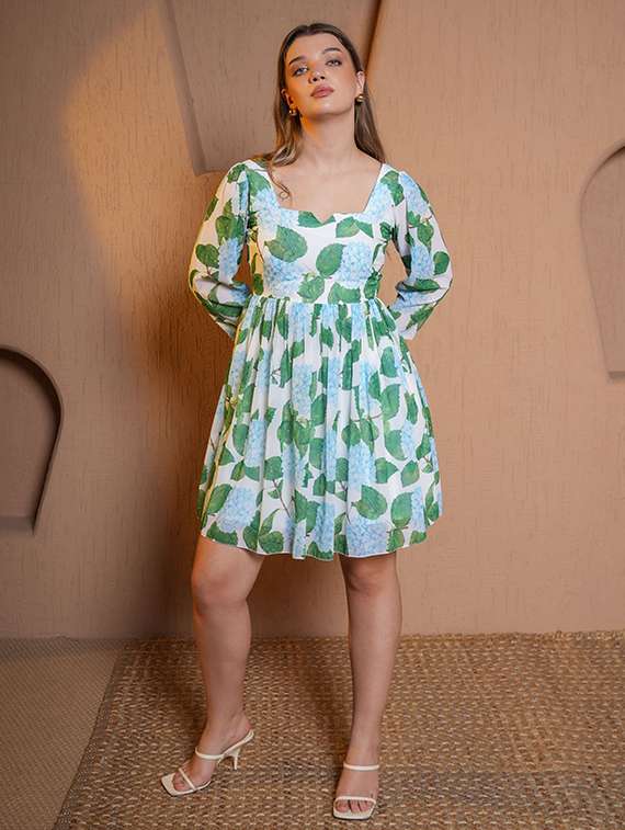 women printed three quarter sleeves fit and flare dress