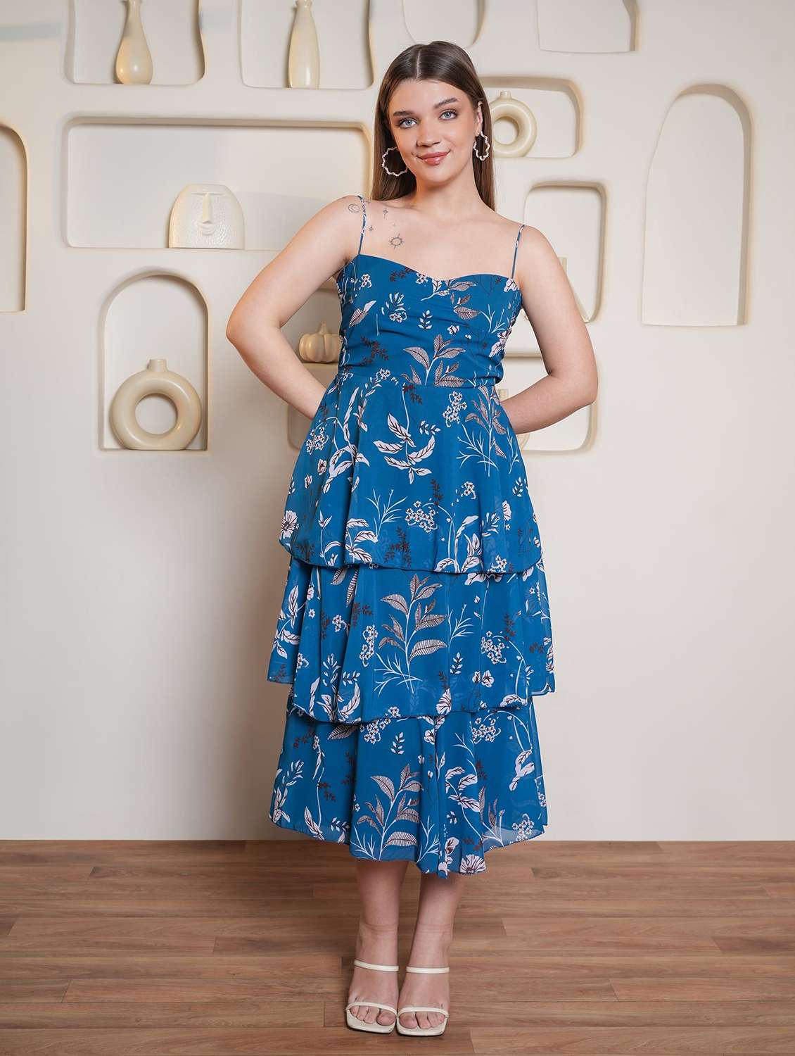 women printed shoulder strap layered dress