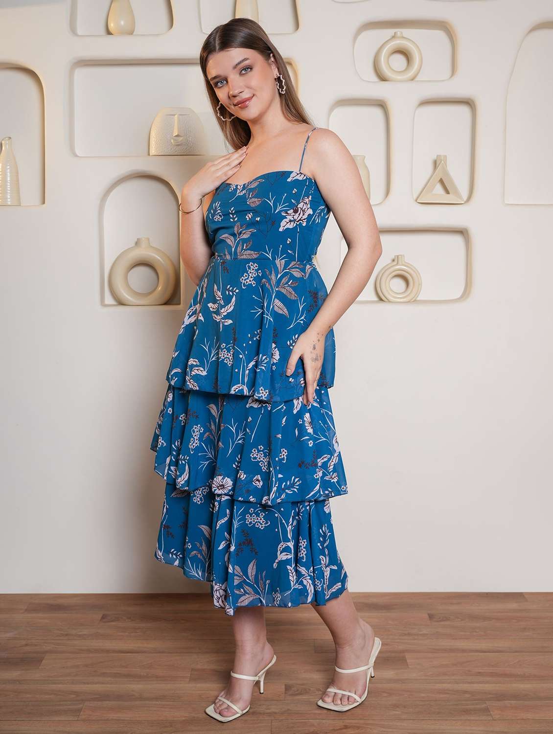 women printed shoulder strap layered dress - 22553370 -  Standard Image - 3