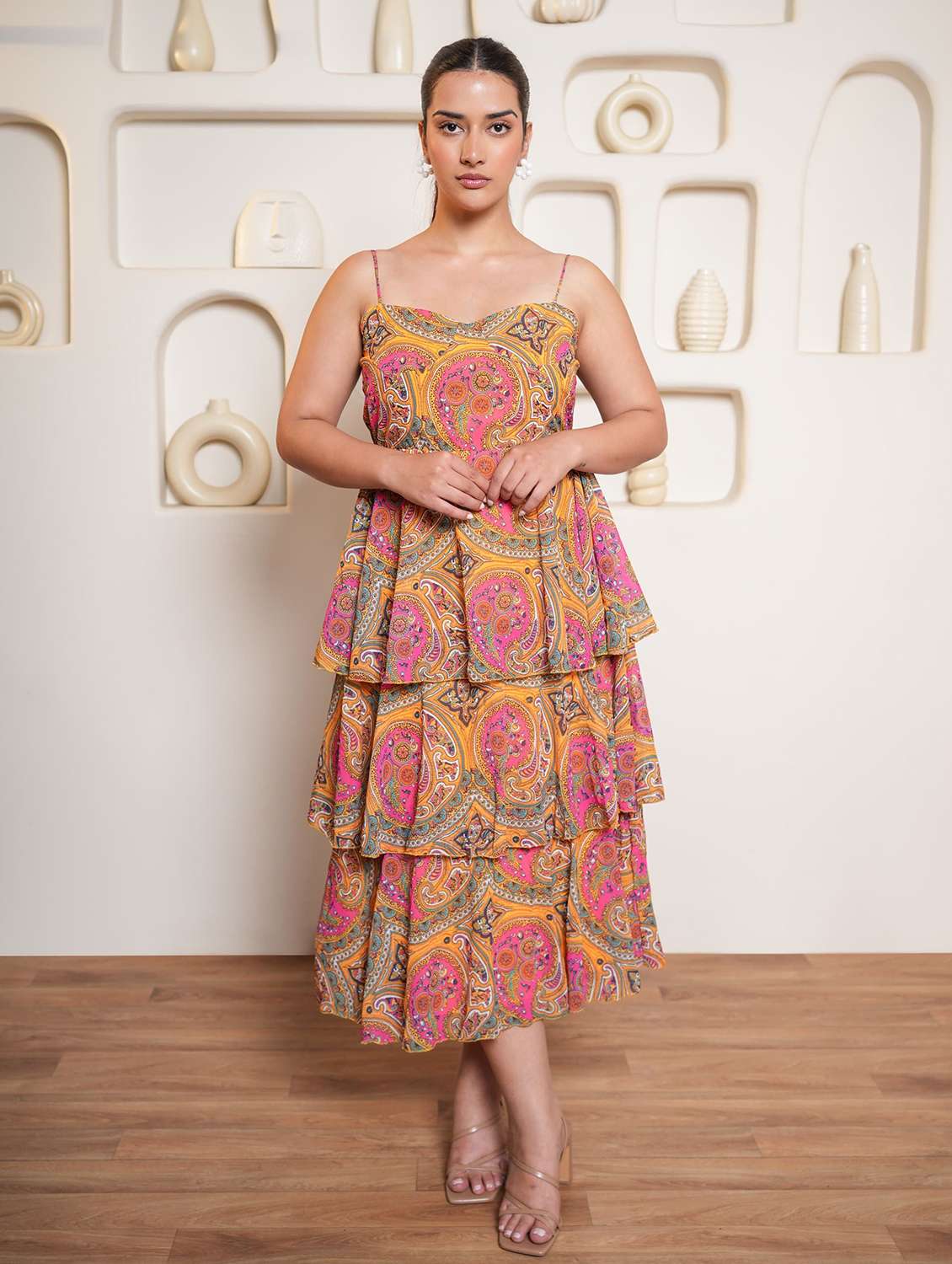 women printed shoulder strap layered dress