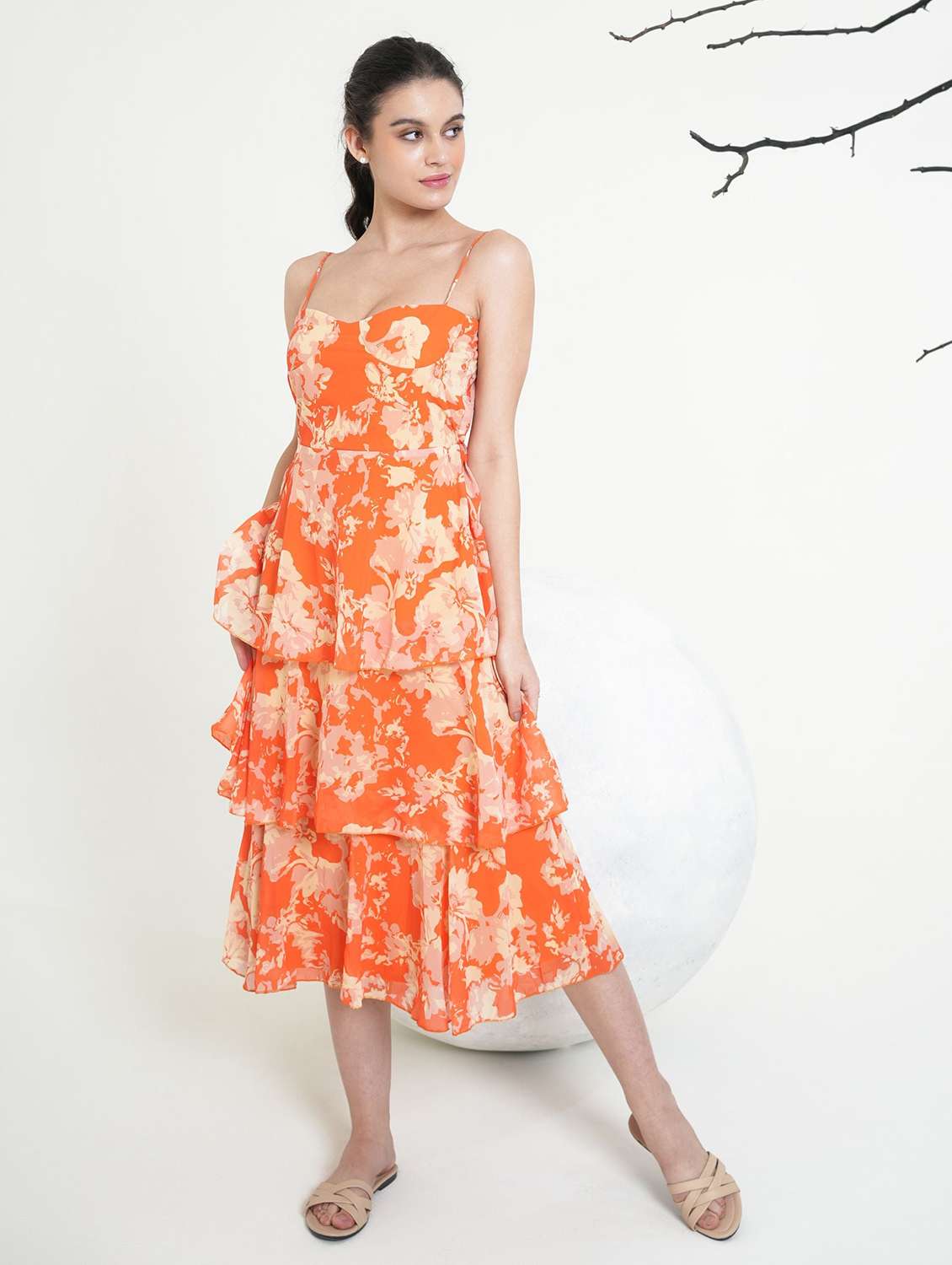 women printed shoulder strap layered dress