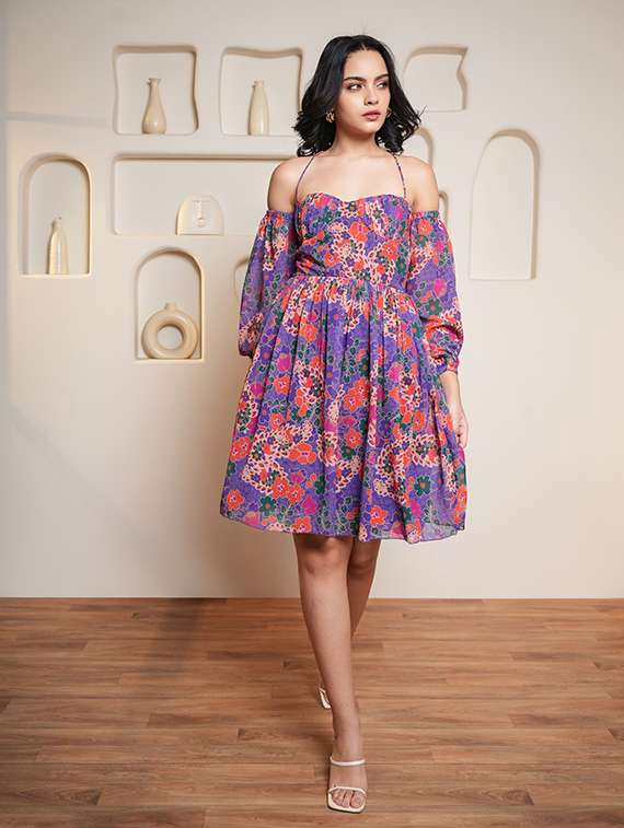 women printed cold shoulder fit and flare dress