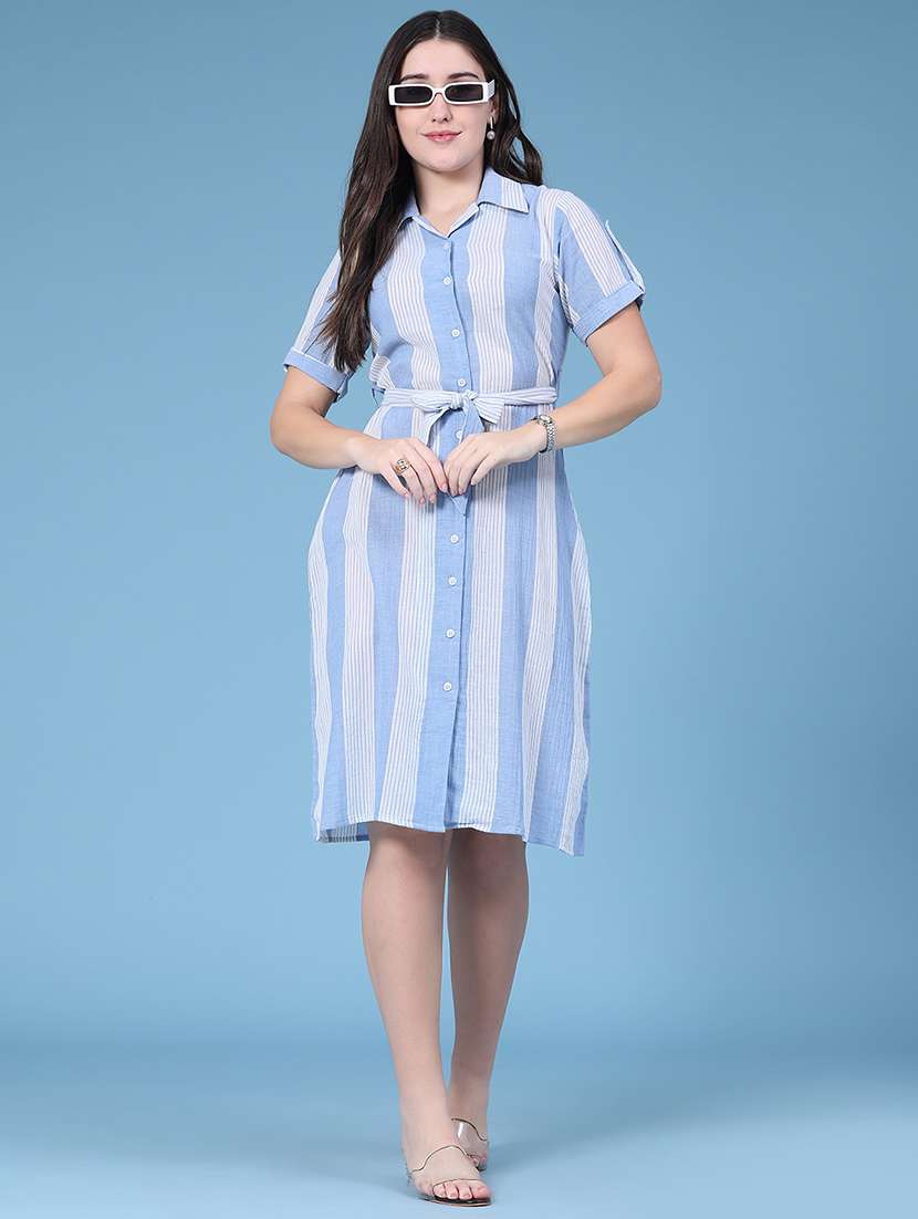 women striped short sleeves shirt dress