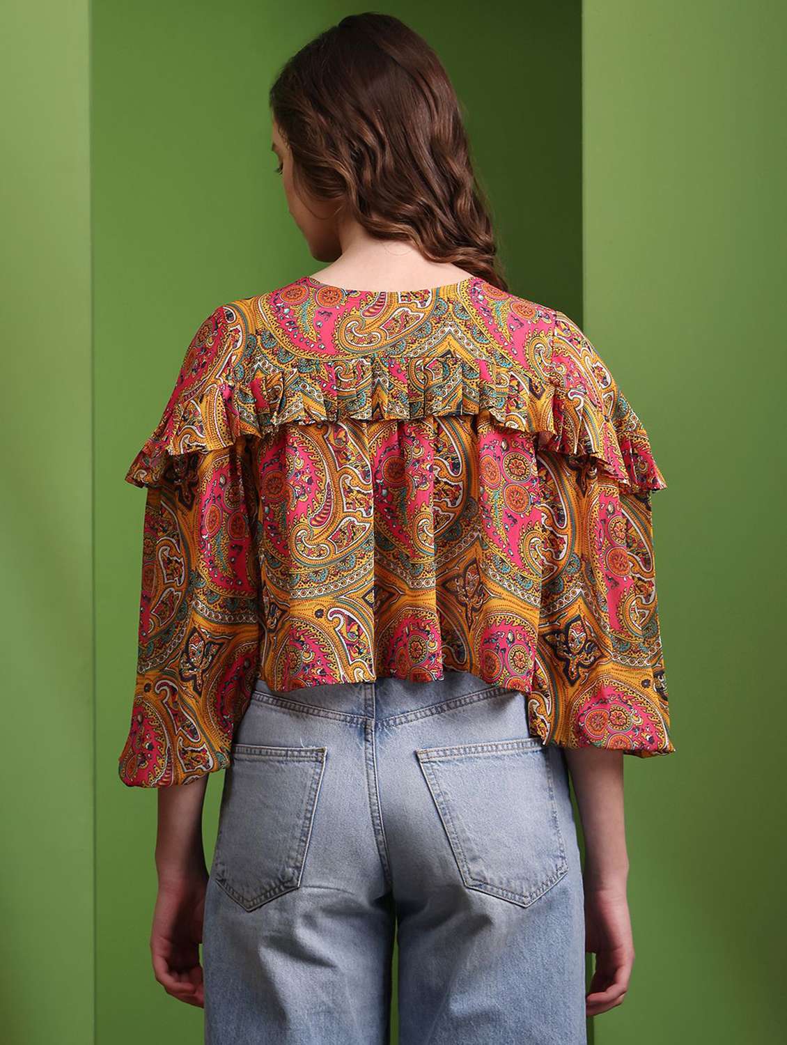 women printed three quarter sleeves crop top - 22553595 -  Standard Image - 3