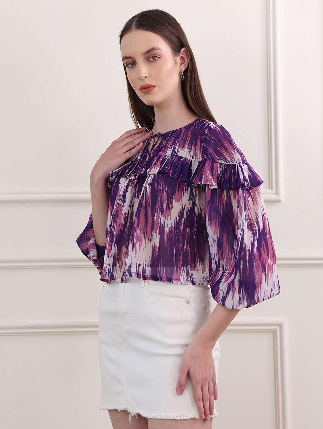 women printed three quarter sleeves crop top - 22553596 -  Standard Image - 3