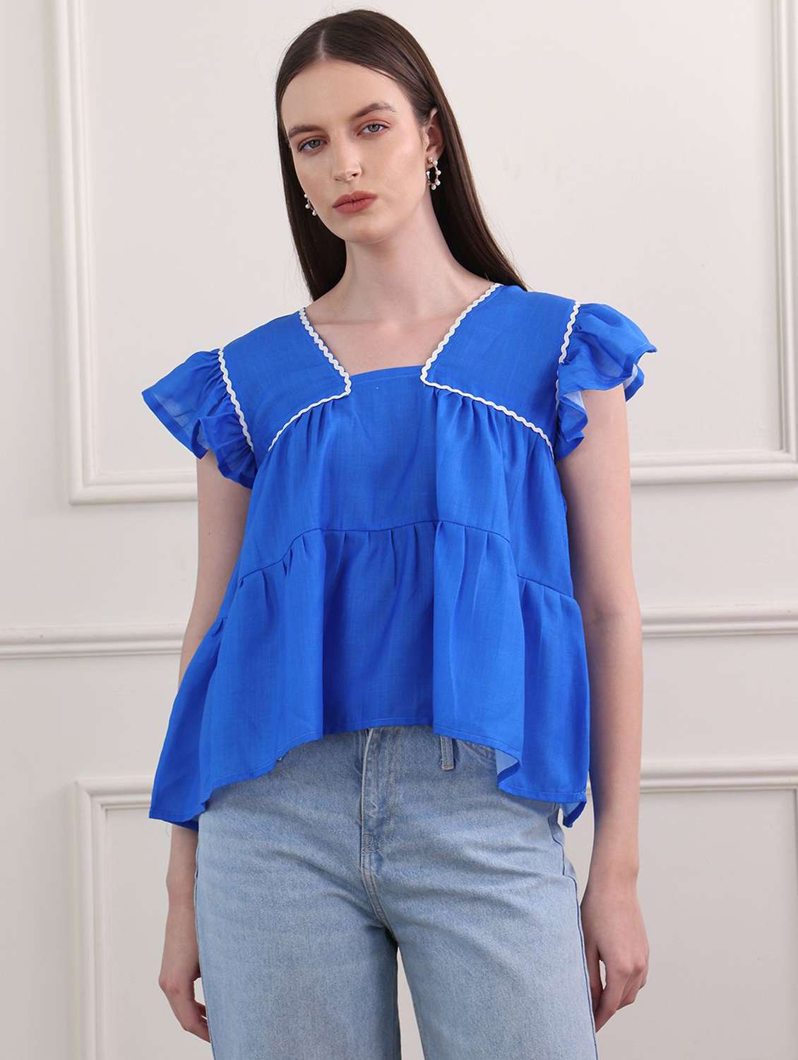 blue cotton blend tiered top