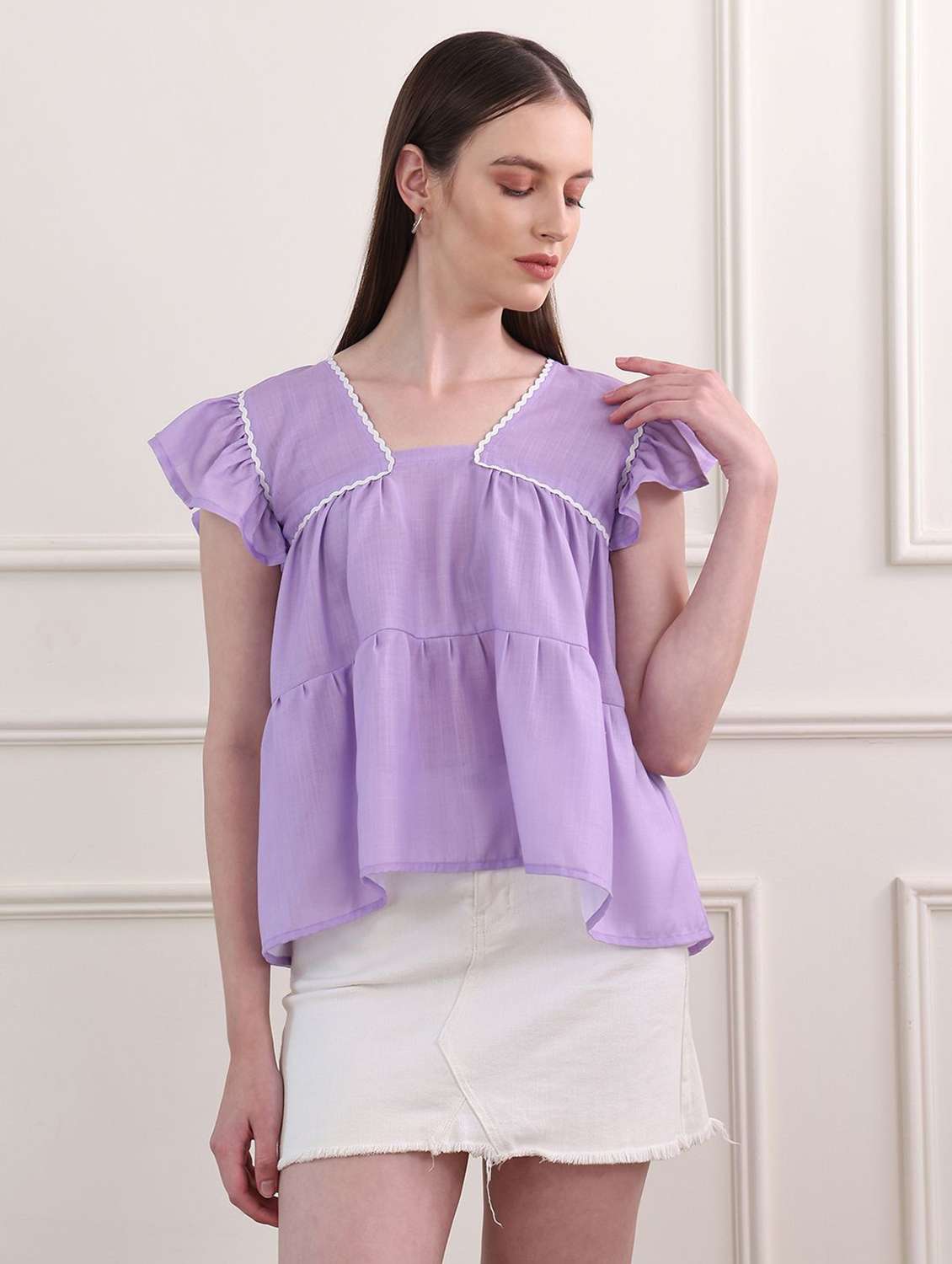 purple cotton blend tiered top