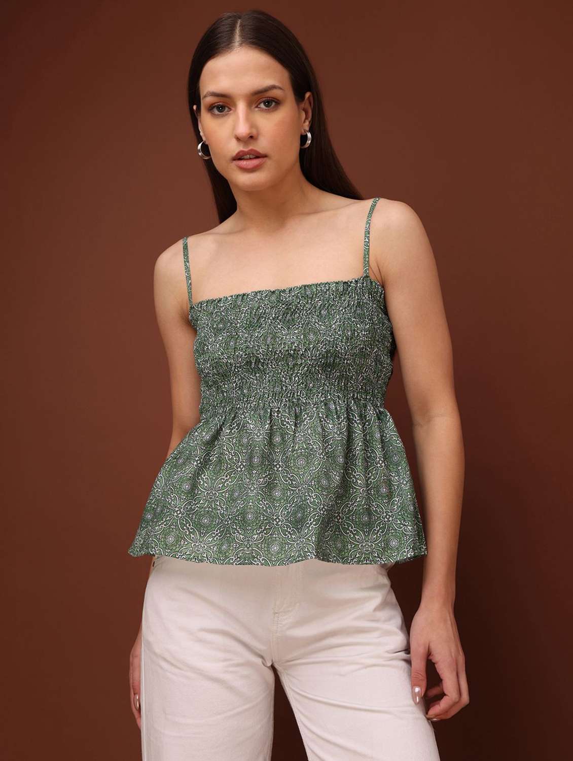 green cotton blend peplum top