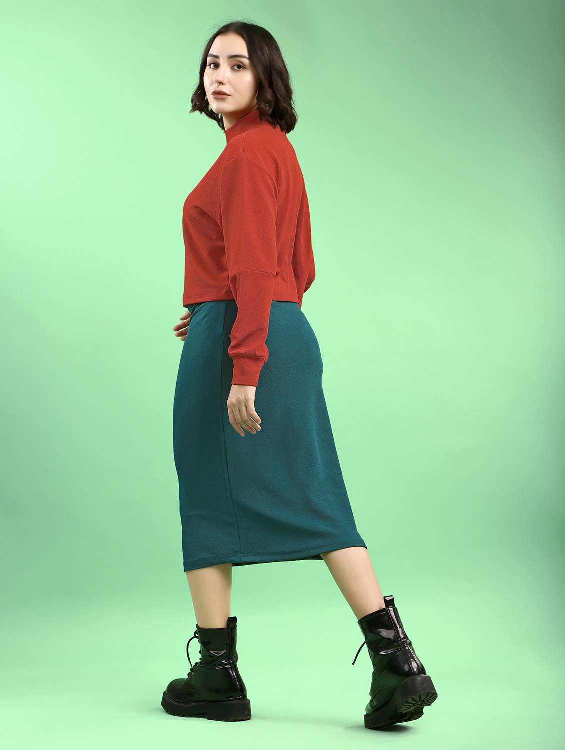 rust lycra blend top and skirt set coord - 22553728 -  Standard Image - 3