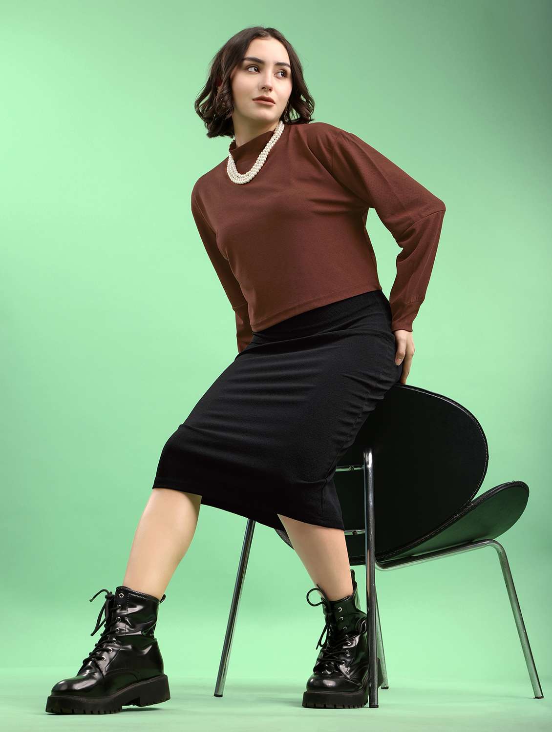 brown lycra blend top and skirt set coord
