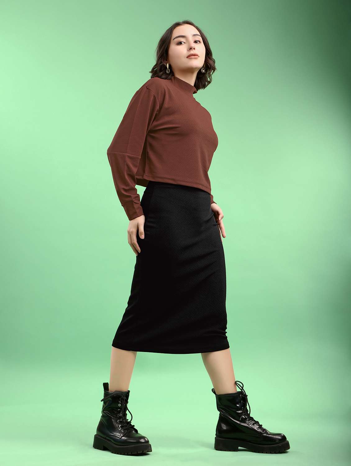 brown lycra blend top and skirt set coord - 22553729 -  Standard Image - 3